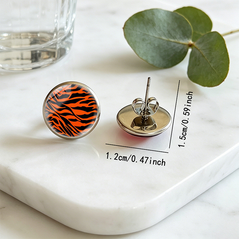 Orange Tiger Stripes Stud Earrings, Round Glass Dome